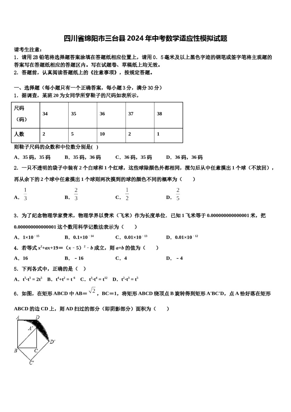 四川省绵阳市三台县2024年中考数学适应性模拟试题含解析.doc_第1页