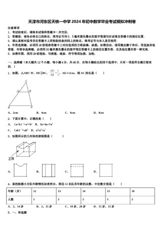 天津市河东区天铁一中学2024年初中数学毕业考试模拟冲刺卷含解析.doc