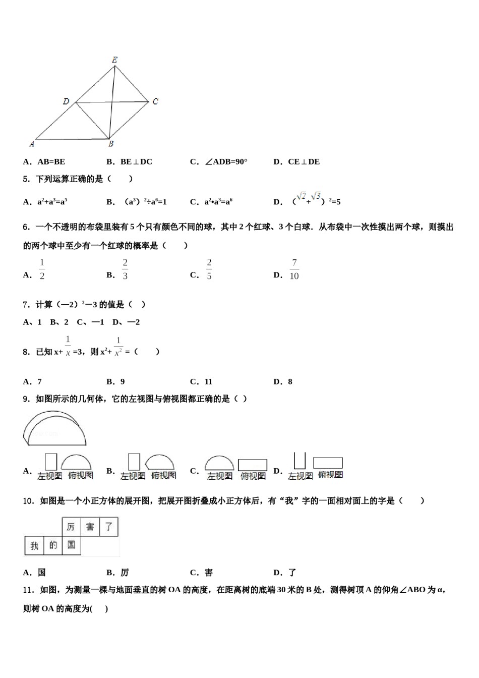 安徽省蒙城县市级名校2023-2024学年中考联考数学试题含解析.doc_第2页