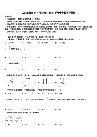 山东威海市14中学2023-2024学年中考数学押题卷含解析.doc