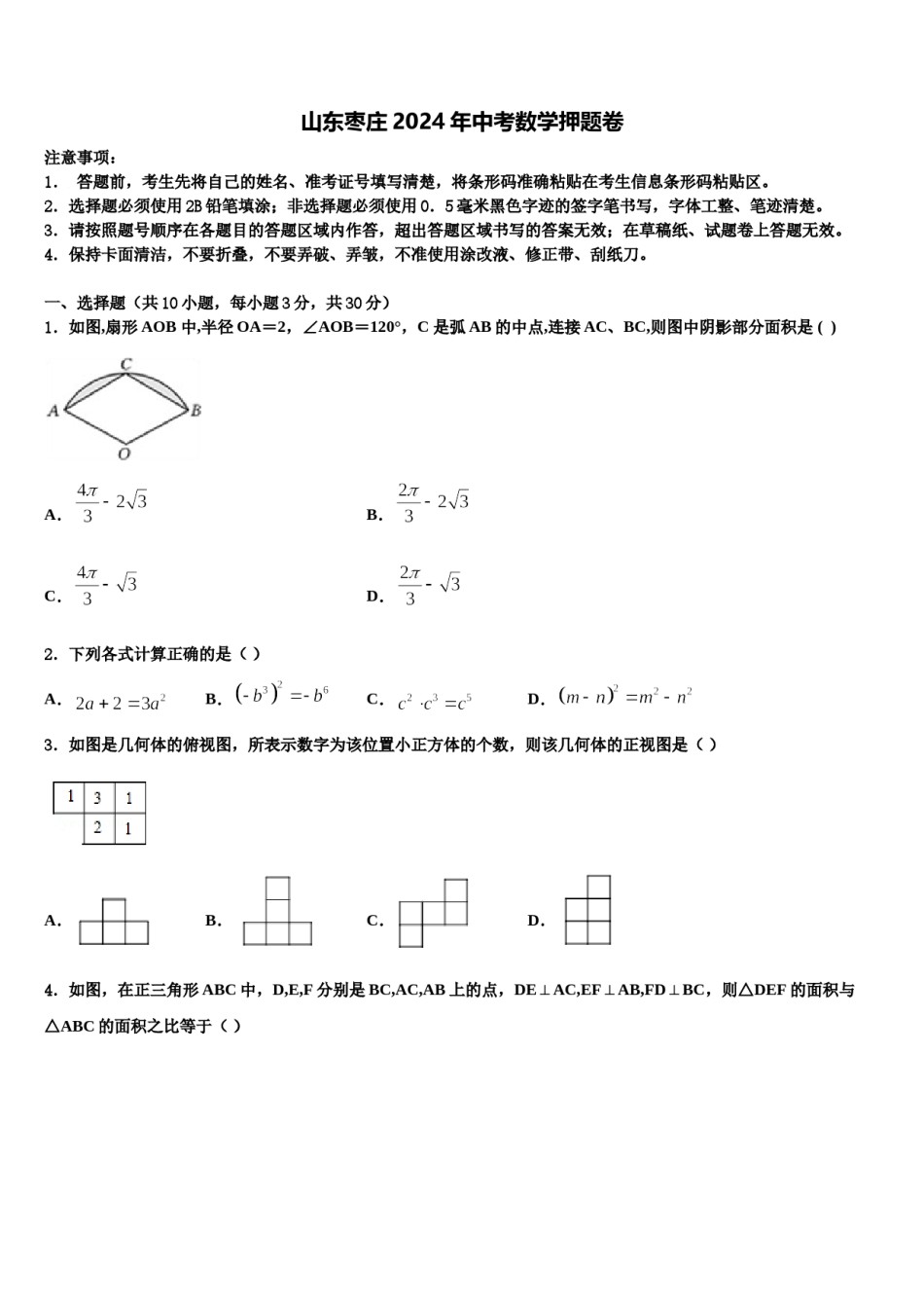 山东枣庄2024年中考数学押题卷含解析.doc_第1页