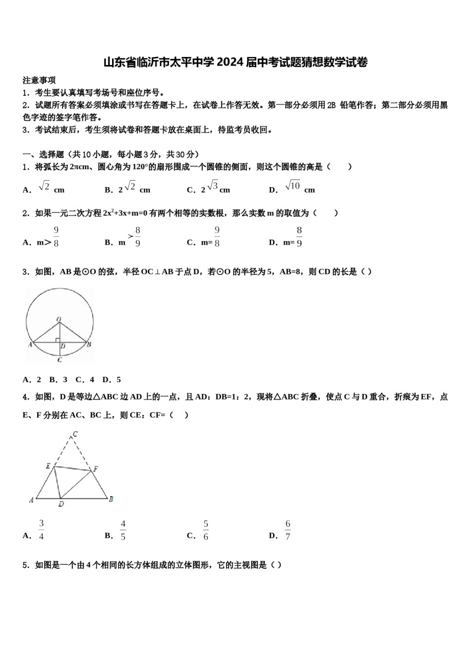 山东省临沂市太平中学2024届中考试题猜想数学试卷含解析.doc_第1页