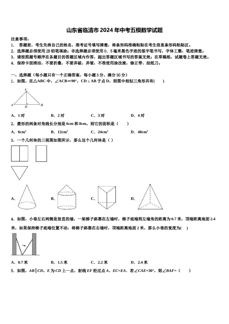 山东省临清市2024年中考五模数学试题含解析.doc_第1页