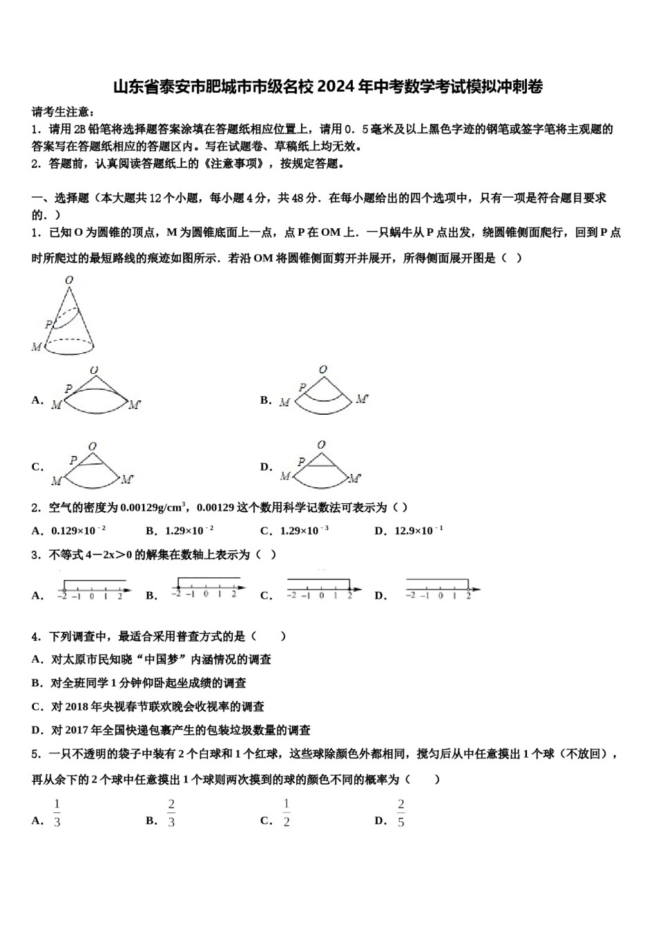 山东省泰安市肥城市市级名校2024年中考数学考试模拟冲刺卷含解析.doc_第1页
