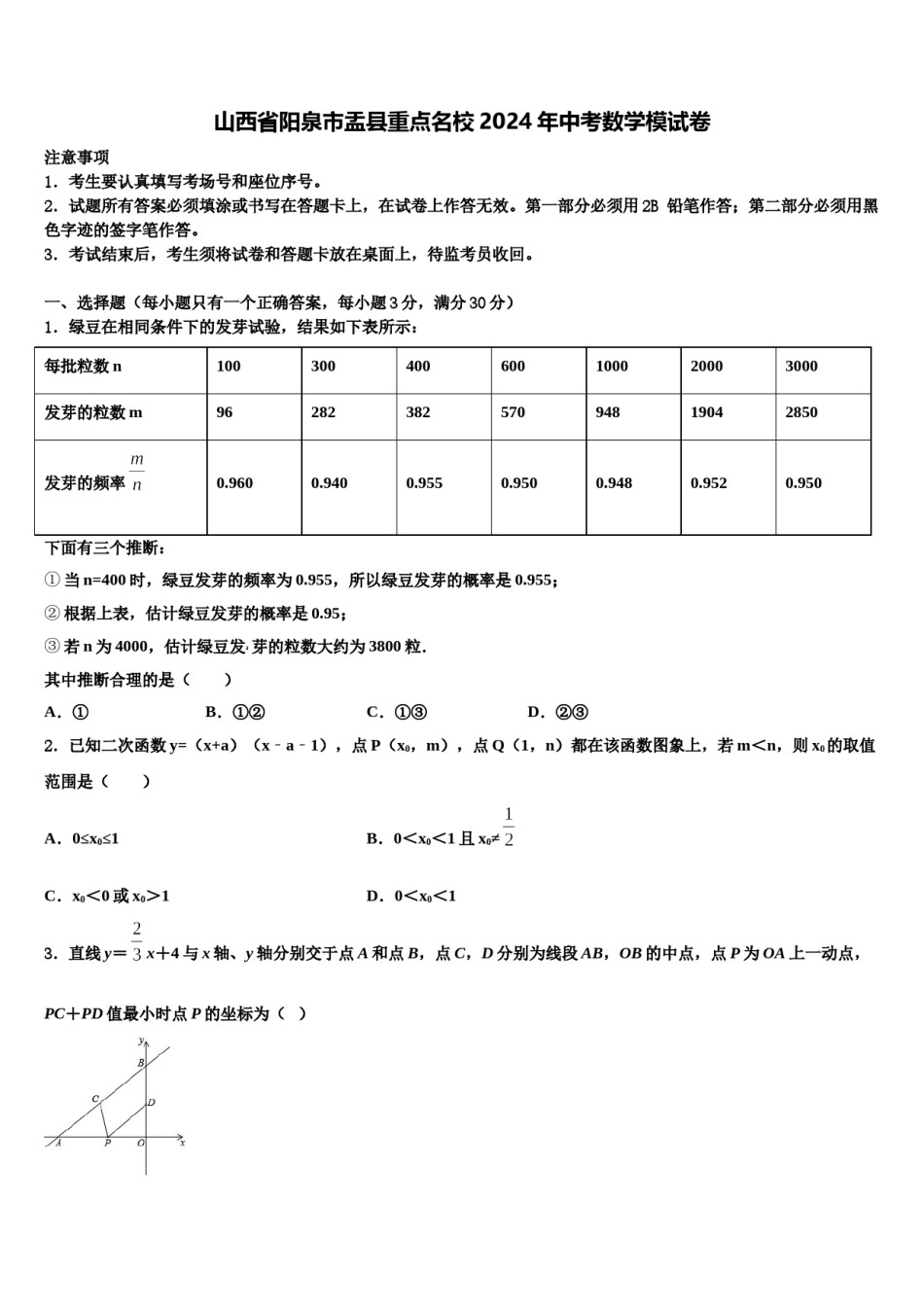 山西省阳泉市盂县重点名校2024年中考数学模试卷含解析.doc_第1页