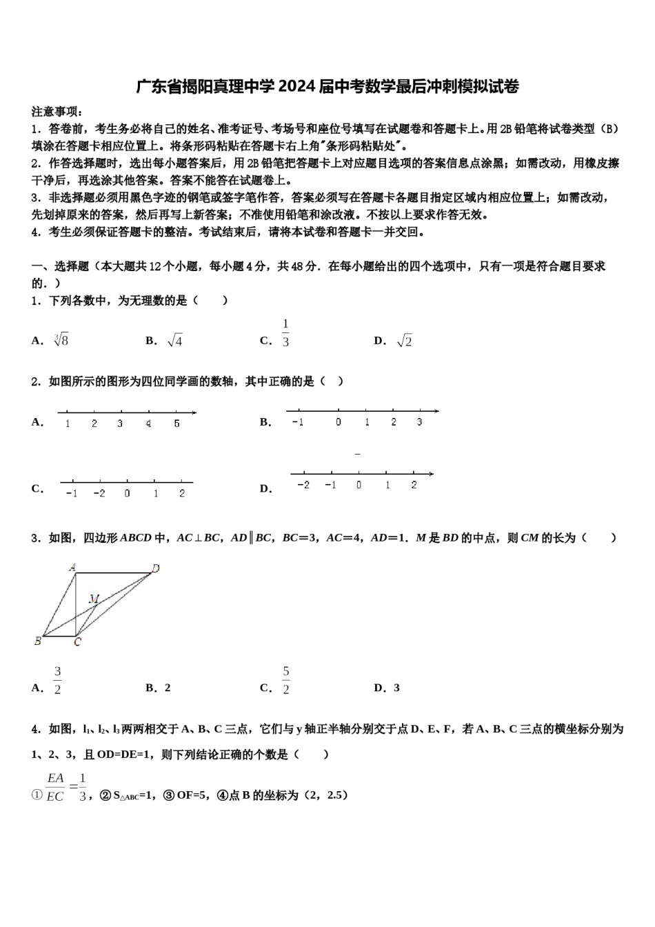 广东省揭阳真理中学2024届中考数学最后冲刺模拟试卷含解析.doc_第1页