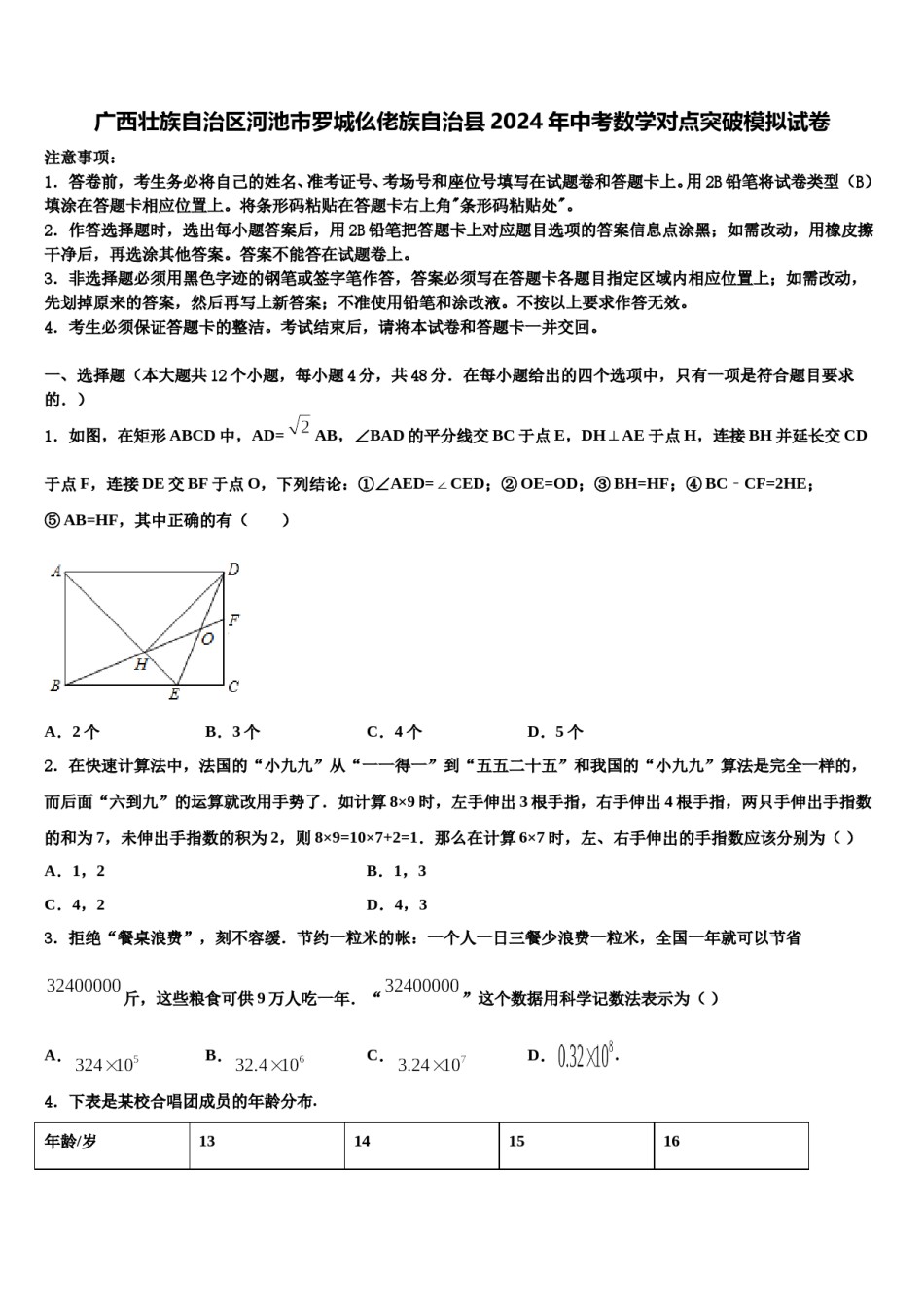 广西壮族自治区河池市罗城仫佬族自治县2024年中考数学对点突破模拟试卷含解析.doc_第1页