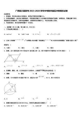 广西陆川县联考2023-2024学年中考数学最后冲刺模拟试卷含解析.doc