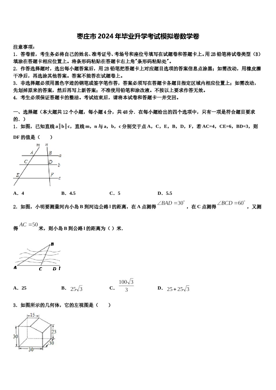 枣庄市2024年毕业升学考试模拟卷数学卷含解析.doc_第1页