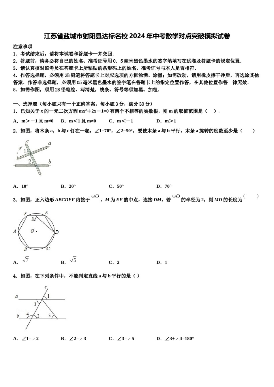 江苏省盐城市射阳县达标名校2024年中考数学对点突破模拟试卷含解析.doc_第1页
