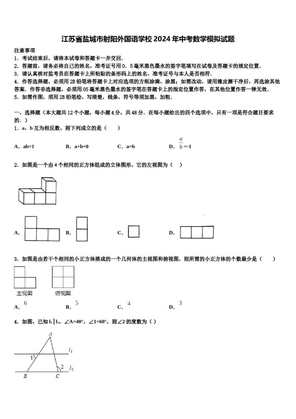 江苏省盐城市射阳外国语学校2024年中考数学模拟试题含解析.doc_第1页