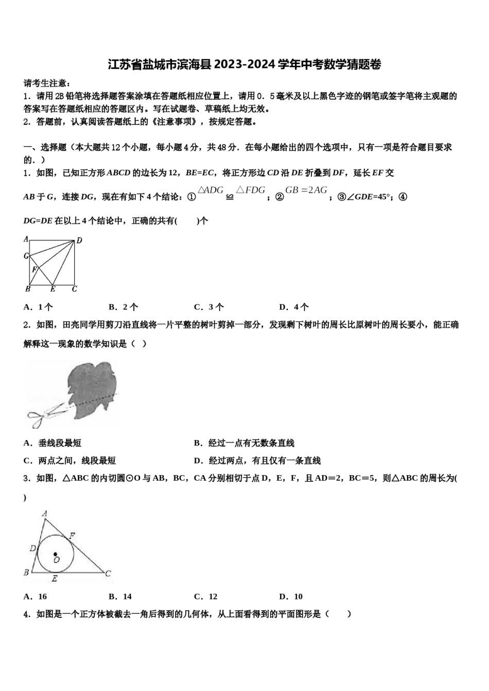 江苏省盐城市滨海县2023-2024学年中考数学猜题卷含解析.doc_第1页