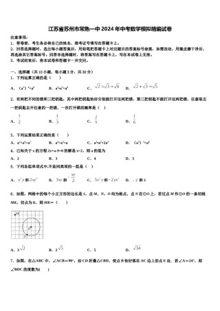 江苏省苏州市常熟一中2024年中考数学模拟精编试卷含解析.doc