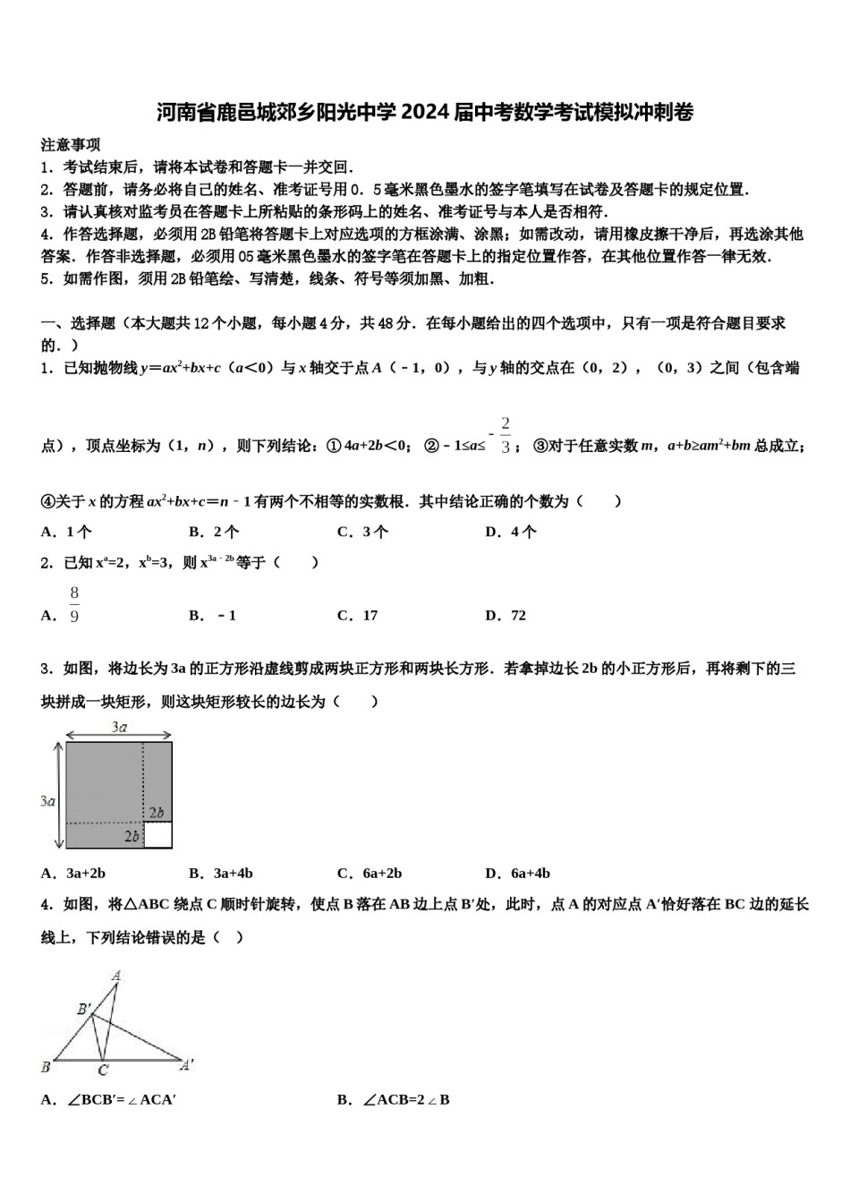 河南省鹿邑城郊乡阳光中学2024届中考数学考试模拟冲刺卷含解析.doc_第1页
