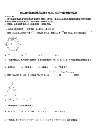 浙江省宁波地区重点达标名校2024届中考四模数学试题含解析.doc