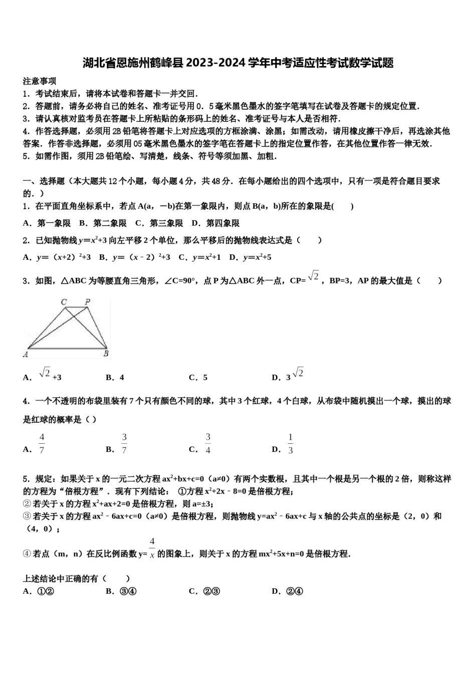 湖北省恩施州鹤峰县2023-2024学年中考适应性考试数学试题含解析.doc_第1页