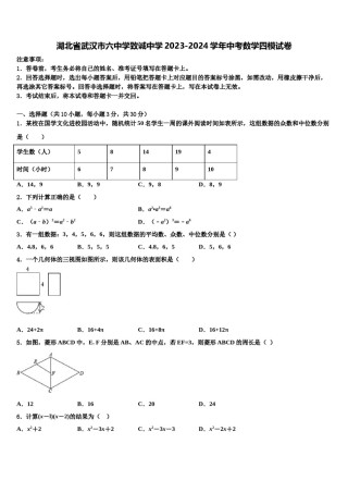 湖北省武汉市六中学致诚中学2023-2024学年中考数学四模试卷含解析.doc