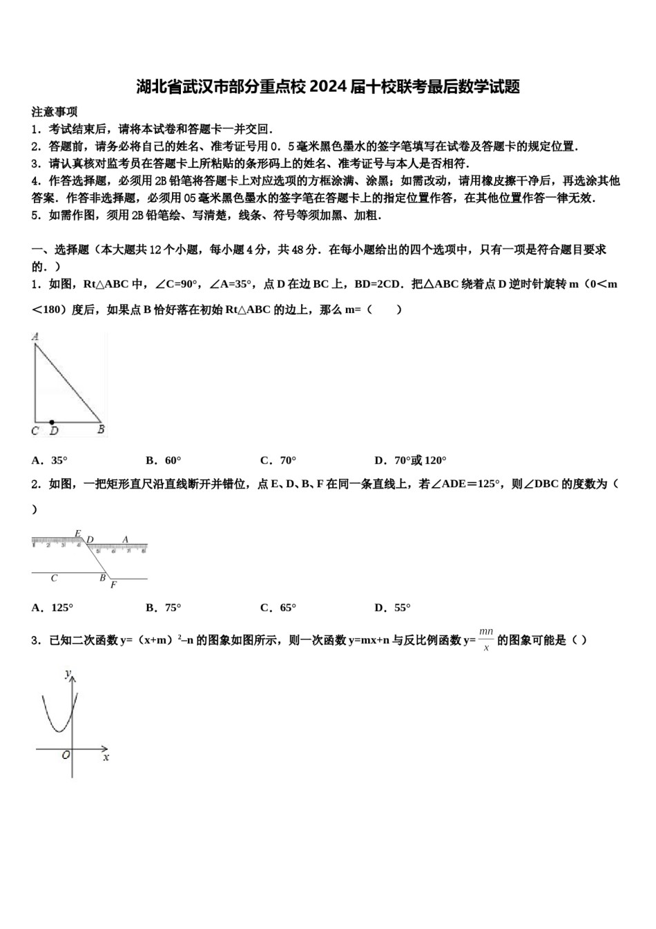 湖北省武汉市部分重点校2024届十校联考最后数学试题含解析.doc_第1页