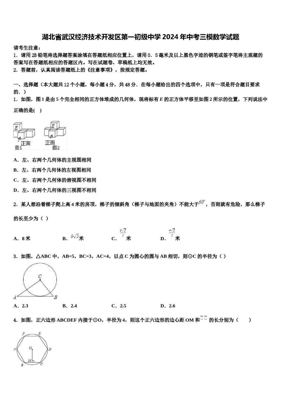 湖北省武汉经济技术开发区第一初级中学2024年中考三模数学试题含解析.doc_第1页