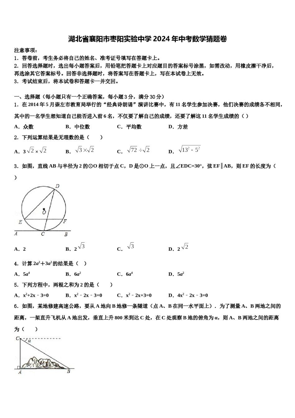 湖北省襄阳市枣阳实验中学2024年中考数学猜题卷含解析.doc_第1页