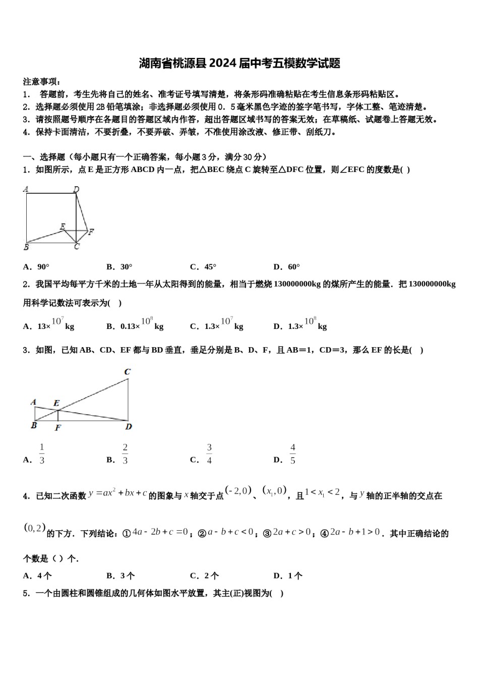 湖南省桃源县2024届中考五模数学试题含解析.doc_第1页