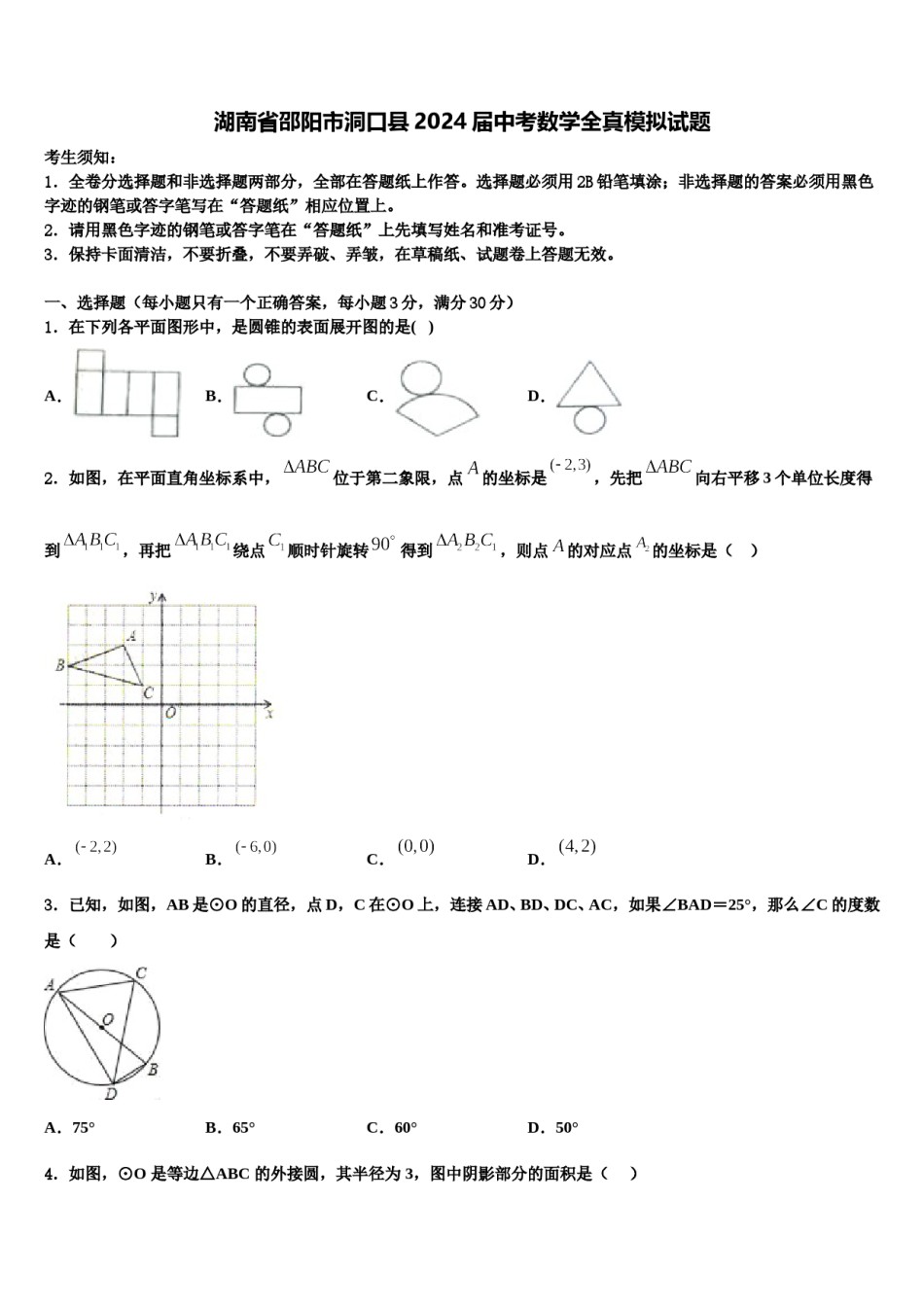 湖南省邵阳市洞口县2024届中考数学全真模拟试题含解析.doc_第1页
