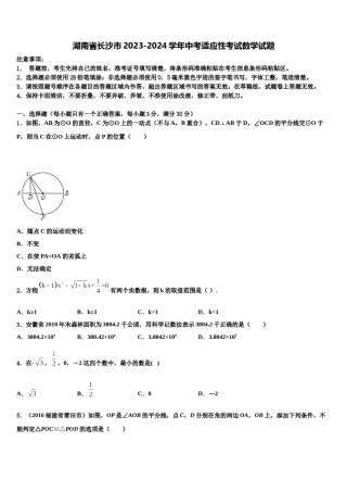 湖南省长沙市2023-2024学年中考适应性考试数学试题含解析.doc