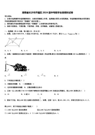 湖南省长沙市开福区2024届中考数学全真模拟试卷含解析.doc