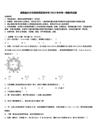 湖南省长沙市田家炳实验中学2024年中考一模数学试题含解析.doc