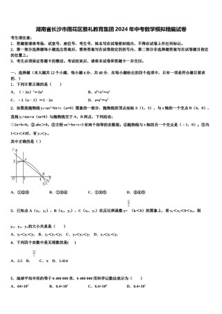 湖南省长沙市雨花区雅礼教育集团2024年中考数学模拟精编试卷含解析.doc