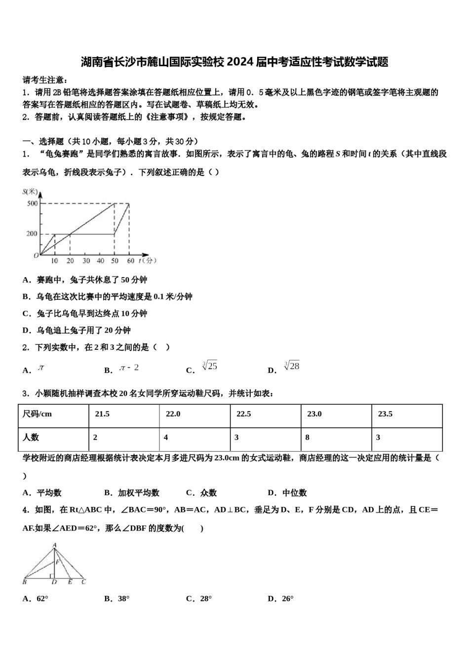 湖南省长沙市麓山国际实验校2024届中考适应性考试数学试题含解析.doc_第1页