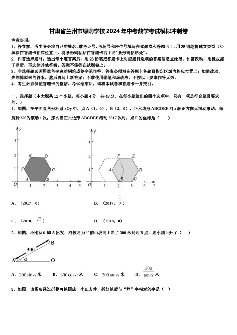 甘肃省兰州市绿荫学校2024年中考数学考试模拟冲刺卷含解析.doc_第1页