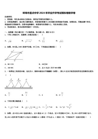 蚌埠市重点中学2024年毕业升学考试模拟卷数学卷含解析.doc