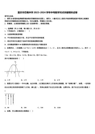 重庆市巴蜀中学2023-2024学年中考数学对点突破模拟试卷含解析.doc