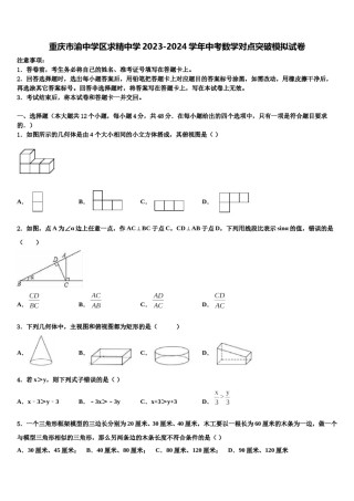 重庆市渝中学区求精中学2023-2024学年中考数学对点突破模拟试卷含解析.doc