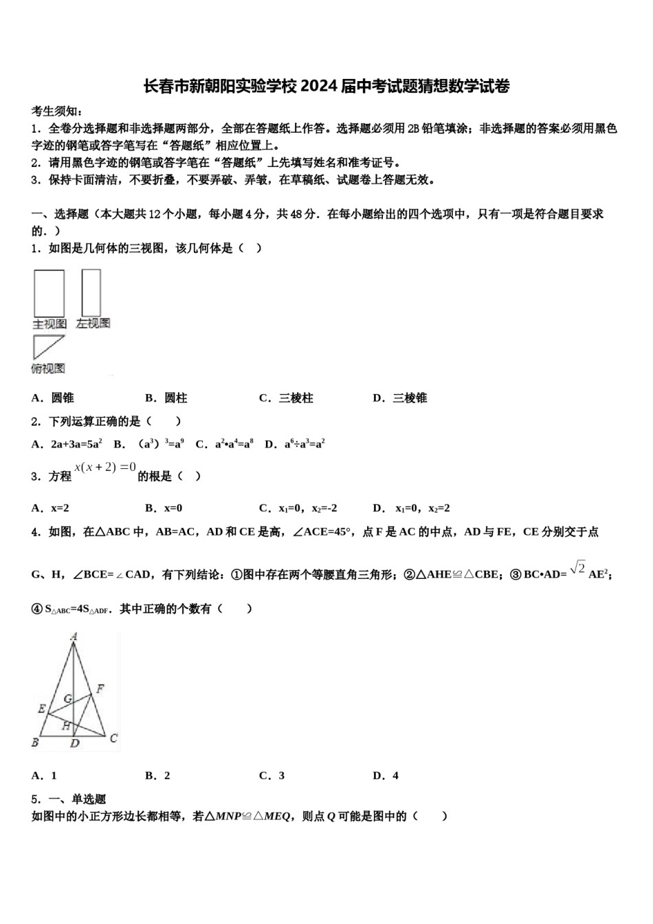 长春市新朝阳实验学校2024届中考试题猜想数学试卷含解析.doc_第1页