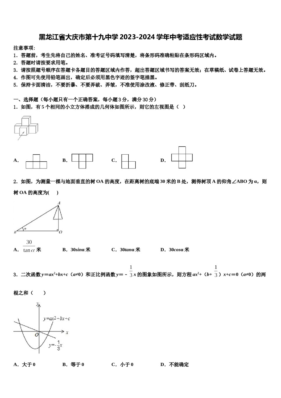 黑龙江省大庆市第十九中学2023-2024学年中考适应性考试数学试题含解析.doc_第1页