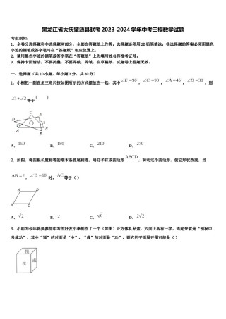 黑龙江省大庆肇源县联考2023-2024学年中考三模数学试题含解析.doc