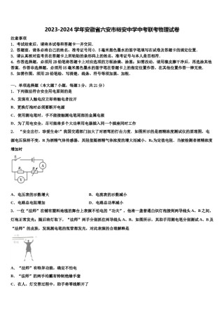 2023-2024学年安徽省六安市裕安中学中考联考物理试卷含解析.doc