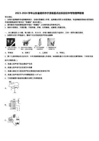 2023-2024学年山东省德州市宁津县重点达标名校中考物理押题卷含解析.doc