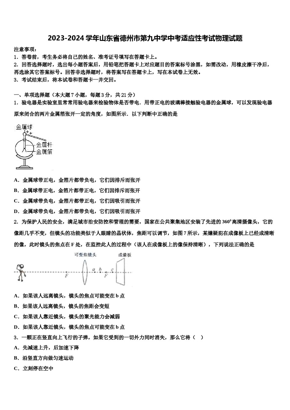 2023-2024学年山东省德州市第九中学中考适应性考试物理试题含解析.doc_第1页