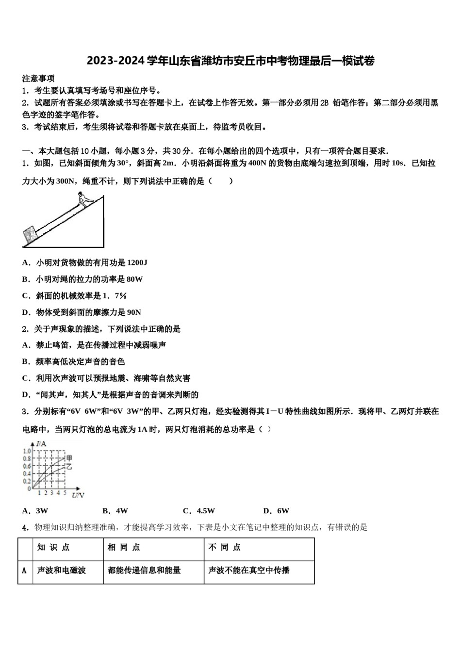 2023-2024学年山东省潍坊市安丘市中考物理最后一模试卷含解析.doc_第1页