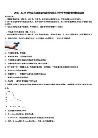 2023-2024学年山东省潍坊市青州市重点中学中考物理模拟精编试卷含解析.doc