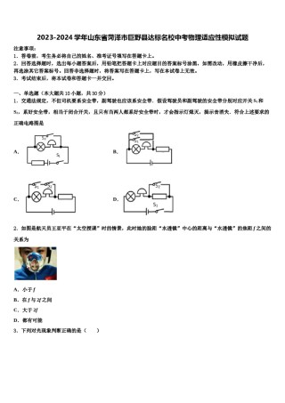 2023-2024学年山东省菏泽市巨野县达标名校中考物理适应性模拟试题含解析.doc