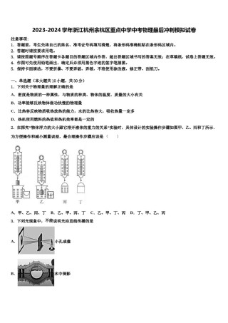 2023-2024学年浙江杭州余杭区重点中学中考物理最后冲刺模拟试卷含解析.doc