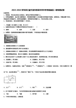 2023-2024学年浙江省宁波市慈溪中学中考考前最后一卷物理试卷含解析.doc