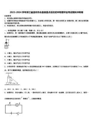 2023-2024学年浙江省温州市永嘉县重点名校初中物理毕业考试模拟冲刺卷含解析.doc
