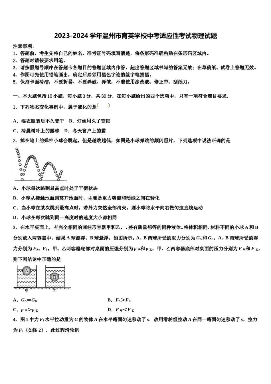 2023-2024学年温州市育英学校中考适应性考试物理试题含解析.doc_第1页