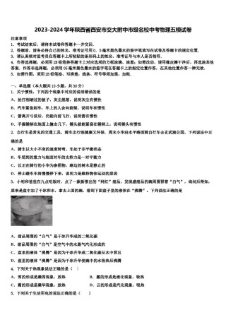 2023-2024学年陕西省西安市交大附中市级名校中考物理五模试卷含解析.doc