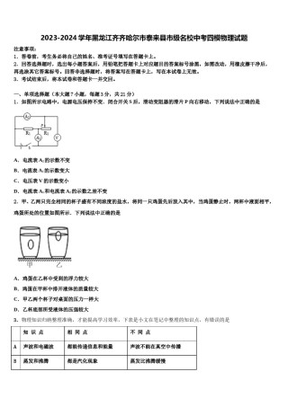 2023-2024学年黑龙江齐齐哈尔市泰来县市级名校中考四模物理试题含解析.doc